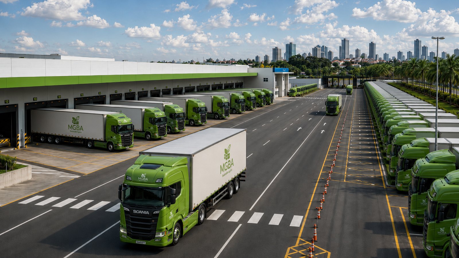 Frota de caminhões a biometano da MGBA Transportes em centro logístico